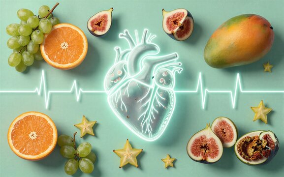 Heart surrounded by fruits symbolizing healthy lifestyle and