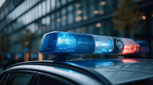 A close-up view of a police car's flashing lights, showcasing the blue and red colors against the backdrop of modern buildings in an urban setting.
