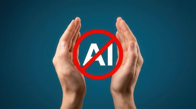 Human hands holding a no AI symbol to protest against artificial intelligence technology concept.