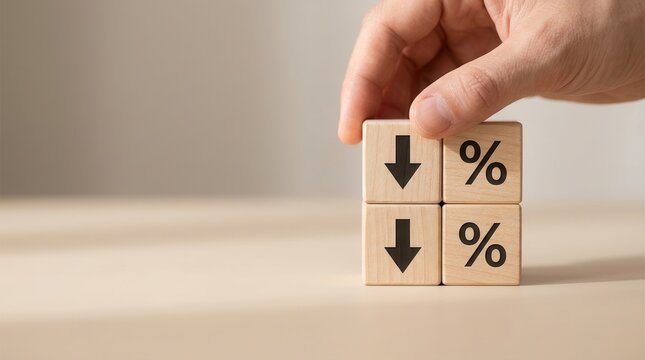 Wooden blocks with a downward arrow and percentage sign representing financial decline.