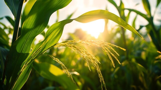A close-up view of vibrant green corn plants basking in the golden sunlight, showcasing the natural beauty of agriculture in a serene landscape.