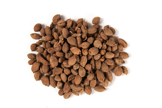 Black cardamom pods forming pile against white background