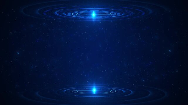 Blue sci fi portal glowing circular rings, starry space, and mirrored futuristic platforms. teleport scenes, tech intros, cosmic titles, gaming visuals, logo reveals, and digital transition overlays.