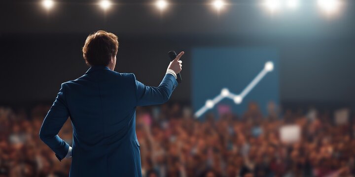 A confident speaker addresses a large audience, emphasizing growth and success with a dynamic presentation, creating an engaging atmosphere.