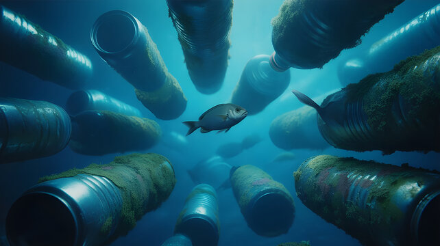 An underwater scene where discarded recyclable items like bottles and cans have transformed into a thriving aquatic ecosystem, fish swimming through hollow containers now covered in algae and coral