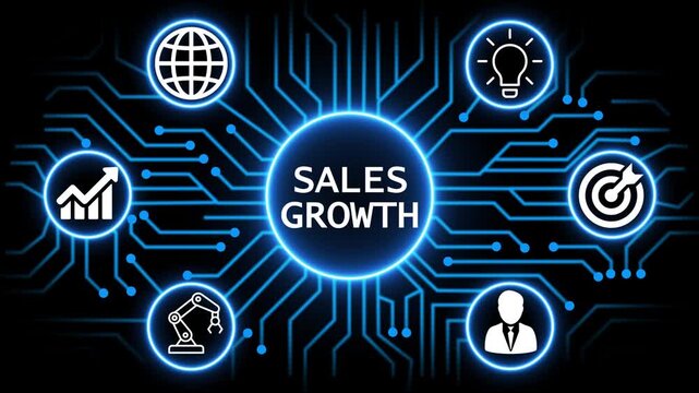 sales growth concept with circuit lines and digital symbols hovering above a businessman, technology. manufacturing process management all connected in a digital circle like pattern.