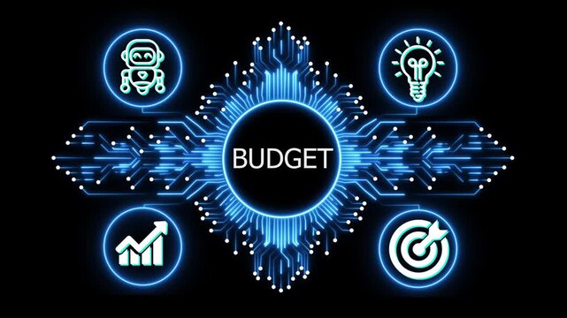 budget logo on glowing circuit board network, connected business icons for finance, analytics, partnership, growth and innovation on black background