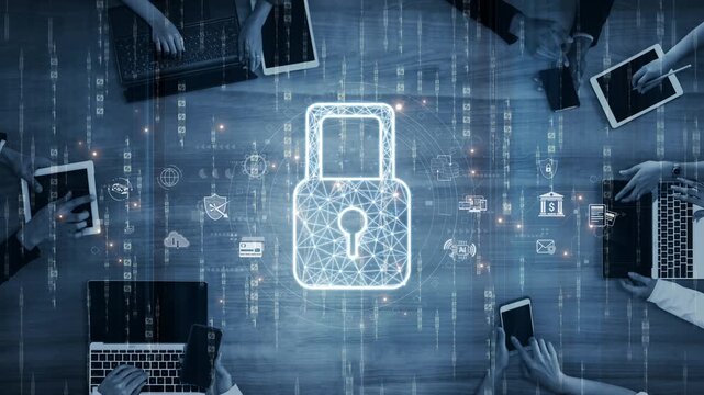 Cybersecurity protection system showing password encryption, fingerprint ID, cloud security, email, credit card, and database lock for secure data access Marrow