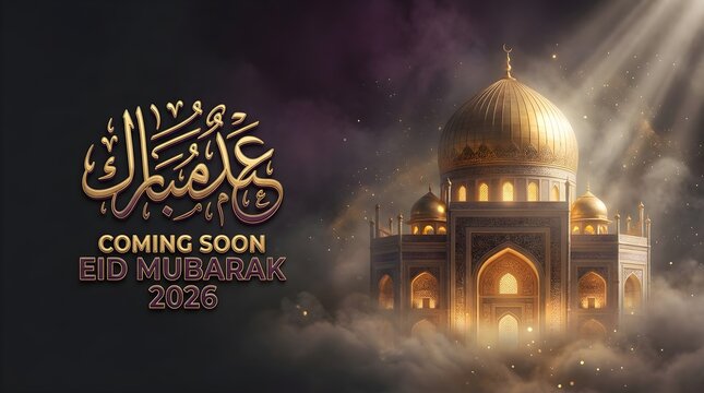 Golden arabic calligraphy and eid mubarak 2026 text with magnificent mosque at sunset surrounded by clouds for religious holiday invitation.