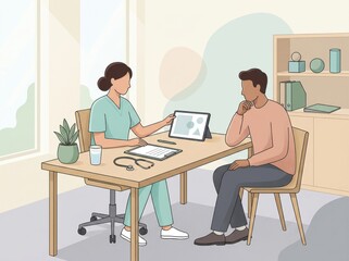 Fototapeta premium Female doctor showing tablet to male patient in medical office consultation