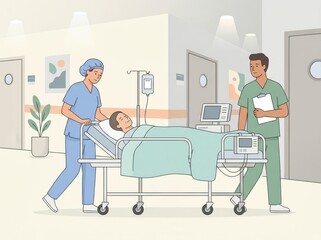 Obraz premium Medical staff pushing patient on hospital gurney through hallway