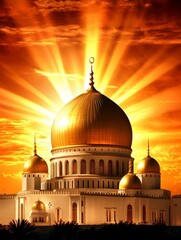 Fototapeta premium Golden Dome Mosque at Sunset with Dramatic Sun Rays, Islamic Architecture