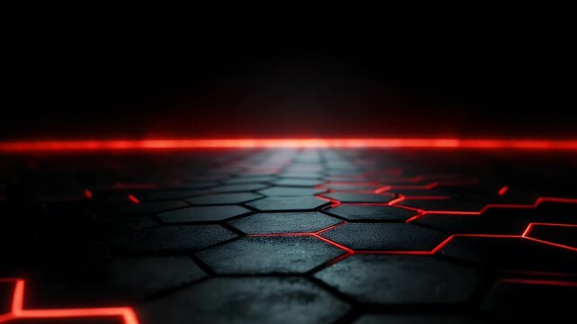 Futuristic hexagonal floor with glowing red neon lights creates a cinematic sci-fi background motion footage where dark stone tiles pulse with energy in a perspective digital abstract scene.