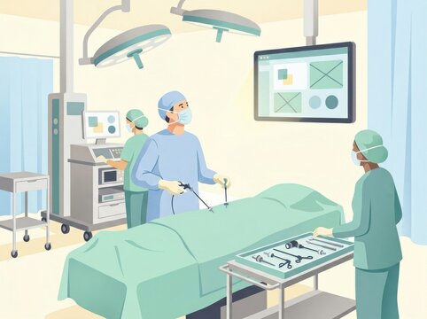 Surgeons performing laparoscopic surgery in a hospital operating room