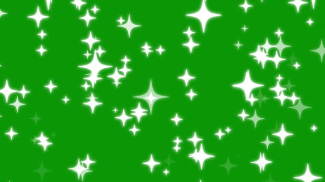 Glitter star twinkling animation made in After Effects, white cartoon blinking stars in flat vector doodle style, glowing sparkle trails and smooth motion graphics on green background