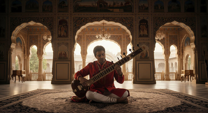 A young Indian man plays the sitar in a grand, ornate hall, a moment of cultural tradition and artistic expression