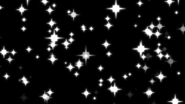 Glitter star twinkle animation in After Effects with white cartoon blinking stars, flat vector doodle style, glowing shine trails and smooth looping motion on black background