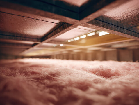 Insulated ductwork in cold attic with pink fiberglass insulation and warm light