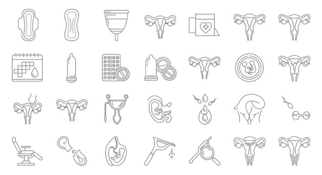 Set of reproductive health and gynecology line icons.