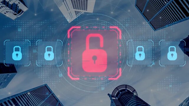 Digital security concept illustrating a cybersecurity breach, with a red unlocked padlock indicating data exposure among secure systems, emphasizing system vulnerability and risk Marrow