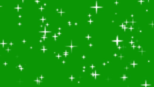 Glitter star sparkle twinkling animation in After Effects, white cartoon blinking stars, flat vector doodle style, glowing shine trails and seamless loop on green background