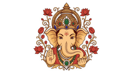 Obraz premium Hand-drawn Ganesha illustration with lotus flowers for religious festival