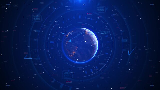 Blue digital earth HUD background glowing globe, orbital rings, data markers, statistics panels, deep space interface. global network, finance intros, technology explainers, satellite visuals, science