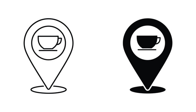 Coffee cup location pin icon illustration in outline and solid black styles for cafe maps and beverage finder applications