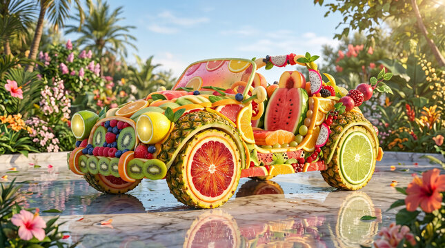 Sommerliches surreales Cocktail Auto aus saftigen Fr&uuml;chten im tropischen Garten. Surreale Albernheit. Surreal Bl&ouml;dsinn. Saft Auto sommerlich frisch gesund 