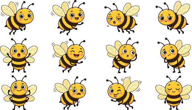 Cute Bee Cartoon Character Emotion Set with Different Facial Expressions and Flying Poses Adorable Insect Mascot Collection Isolated on White Background