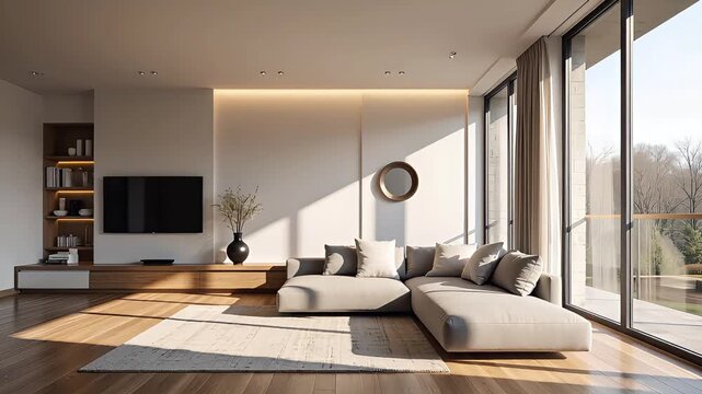 Modern minimalist living room interior with natural sunlight and luxury home decor interior modern contemporary