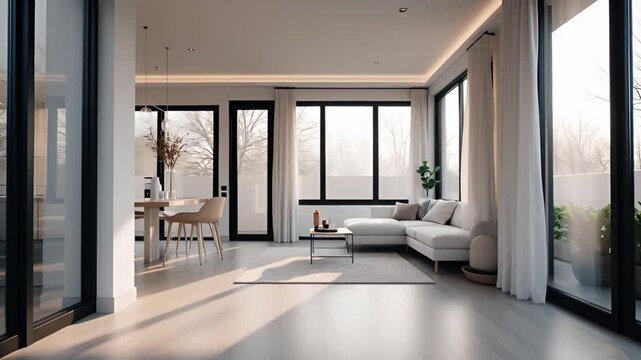 Modern minimalist living room interior with natural sunlight and open floor plan contemporary