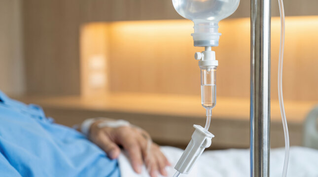 Close up view of patient arm and an IV drip system with saline solution. Modern hospital equipment under soft lighting illustrates calm patient care and recovery concept