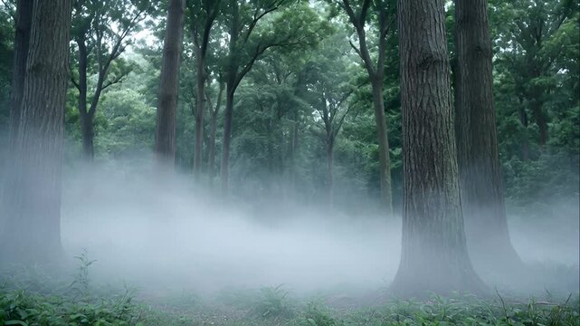 Misty forest with trees and fog.