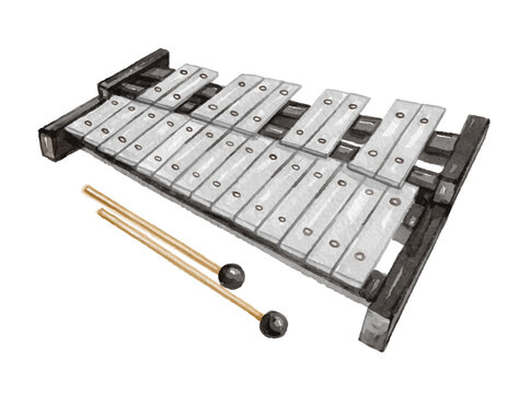 Hand painted watercolor metallic xylophone isolated