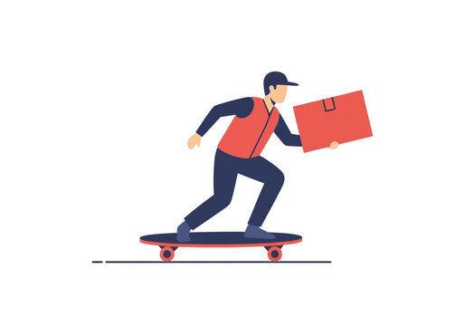 Courier Riding Skateboard with Package for Fast Delivery Service