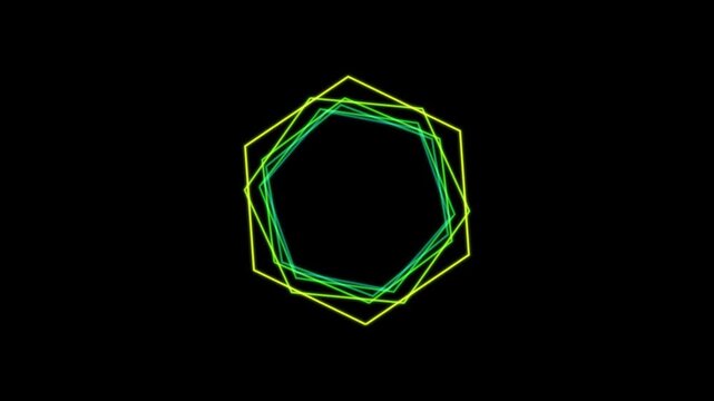 Rotating Neon Geometric Polygon Pattern with Color Changing Lines on Black Background