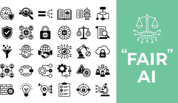 Icons representing fair artificial intelligence ethics are displayed.