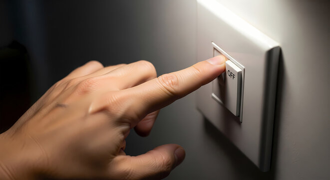 Finger pressing a light switch to turn it on or off, indicating energy conservation and control