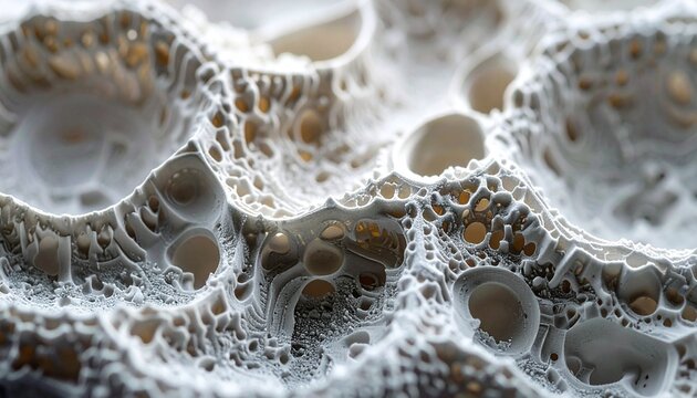 Close-up view of a white, sponge-like material with numerous small holes and brown centers on a plain white background.