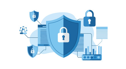 Cyber security and data protection concept with digital shields and locks in blue. © Sumia