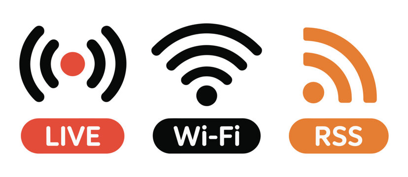 Live, Wi-Fi, and RSS icon vector set for connectivity, broadcasting, and internet signal interface design elements.