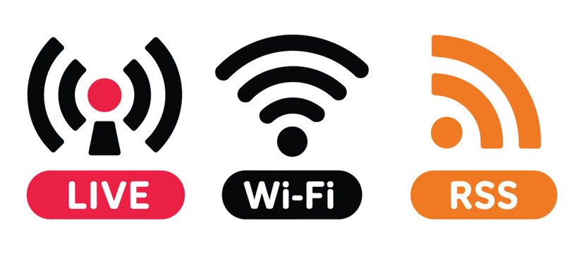Live, Wi-Fi, and RSS icon vector set for connectivity, broadcasting, and internet signal interface design elements.