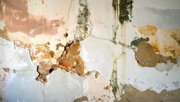 Close-up of a damaged wall with peeling paint and mold in various shades of brown, green, and white, showing cracks and decay.