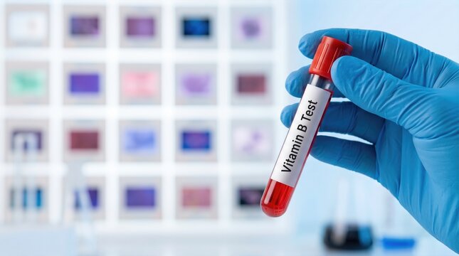 Laboratory technician in blue gloves holds a test tube labeled Vitamin B Test, with colorful sample containers displayed in the background on a laboratory shelf