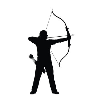 Archer drawing bow with arrows in hand silhouette style