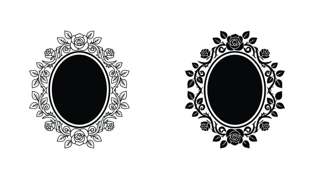 Elegant oval frame with rose flowers and intricate floral scrollwork detailing perfect for vintage designs wedding invitations and decorative borders vector