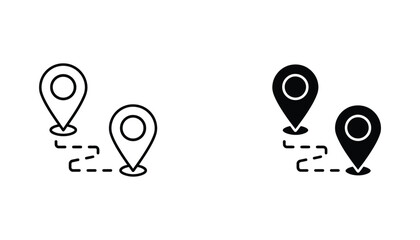 Location pin icon set with dotted path indicating travel route navigation destination tracking journey planning and geographic movement across diverse areas © Creative