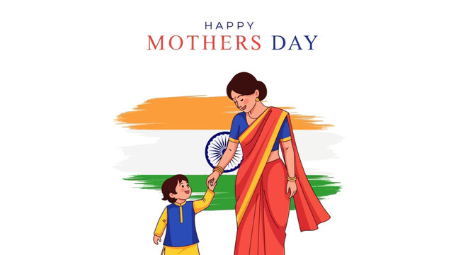 Against a white backdrop, a loving Indian mother in a traditional sari gently holds her child's hand in a vector illustration celebrating Mother's Day in India, with the Indian flag