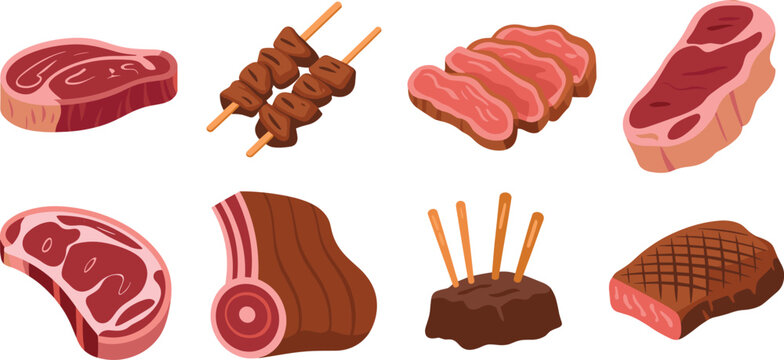 Meat cuts and grilled steak set, barbecue food collection, raw and cooked vector illustration